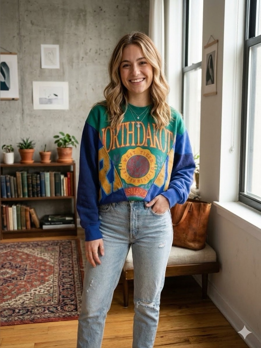 Vintage Urban Outfitters Patchwork Sweatshirt Sz S EUC Blue Graphic North Dakota